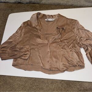 Zara Women's Brown Satin Button-Down Shirt
